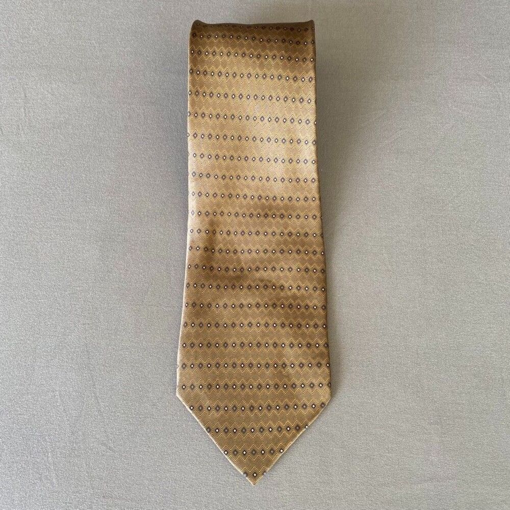 Vintage Claybrooke Pure Silk Tie Brown Gray Geometric Diamond Zigzag Korea